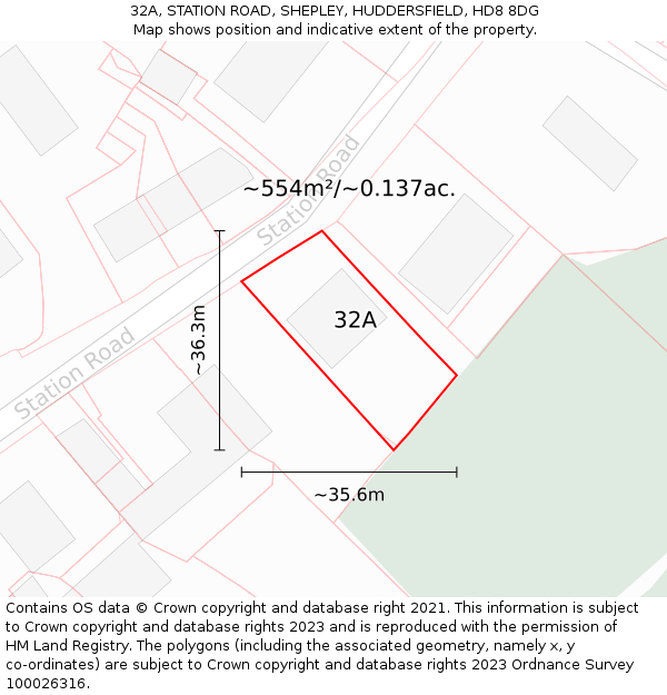 32A, STATION ROAD, SHEPLEY, HUDDERSFIELD, HD8 8DG: Plot and title map