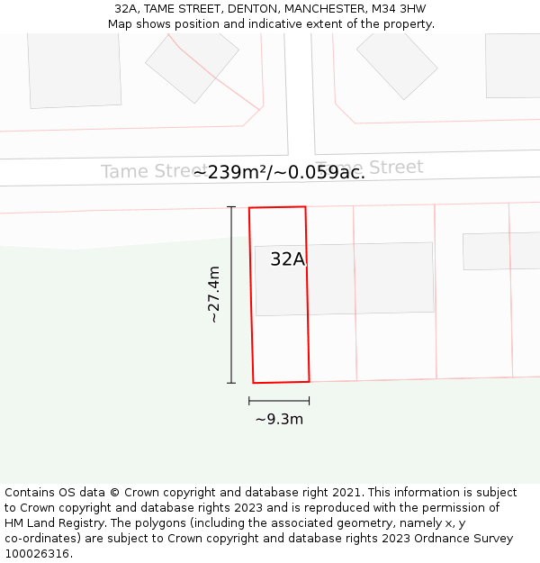 32A, TAME STREET, DENTON, MANCHESTER, M34 3HW: Plot and title map