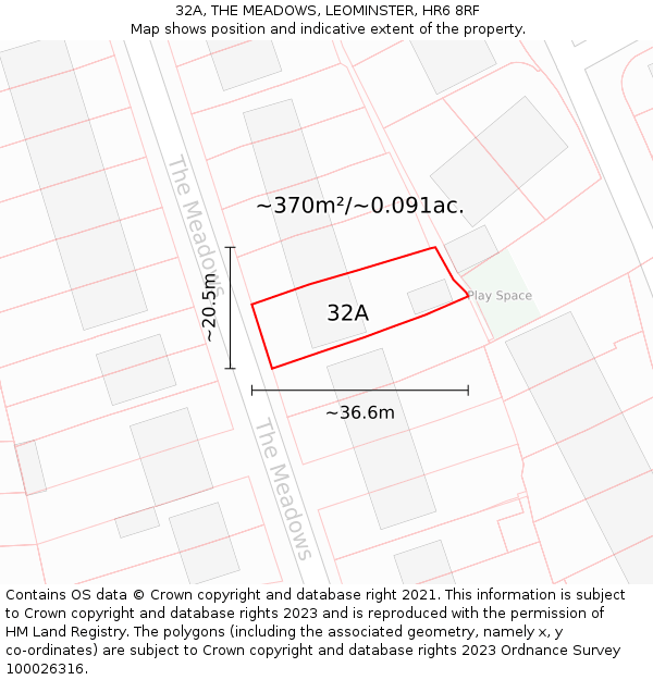 32A, THE MEADOWS, LEOMINSTER, HR6 8RF: Plot and title map