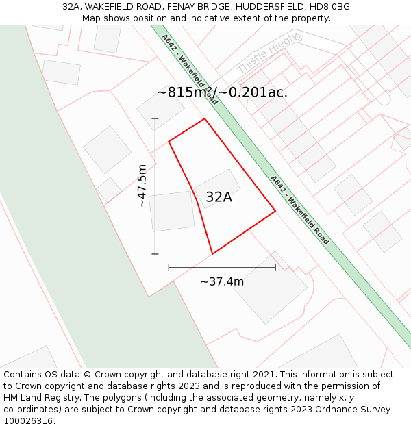 32A, WAKEFIELD ROAD, FENAY BRIDGE, HUDDERSFIELD, HD8 0BG: Plot and title map