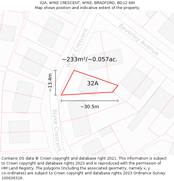 32A, WYKE CRESCENT, WYKE, BRADFORD, BD12 9AY: Plot and title map