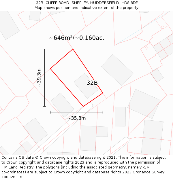 32B, CLIFFE ROAD, SHEPLEY, HUDDERSFIELD, HD8 8DF: Plot and title map