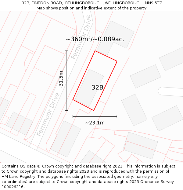 32B, FINEDON ROAD, IRTHLINGBOROUGH, WELLINGBOROUGH, NN9 5TZ: Plot and title map