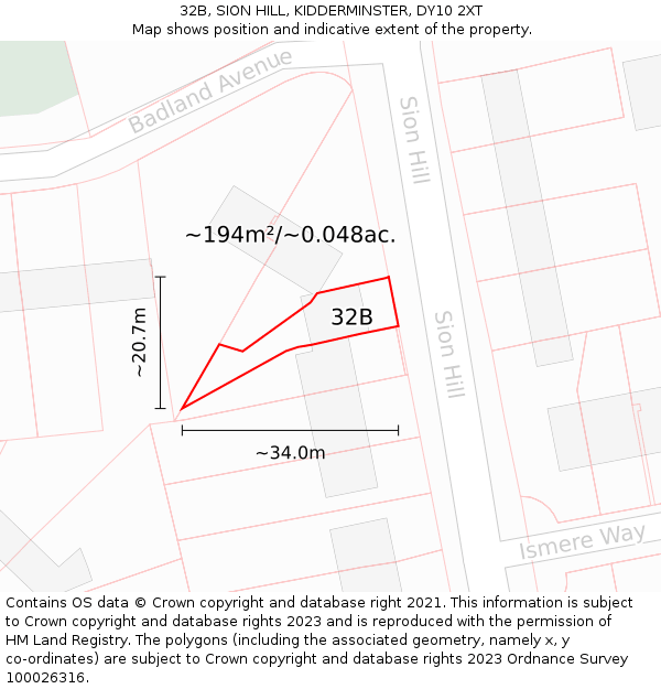 32B, SION HILL, KIDDERMINSTER, DY10 2XT: Plot and title map