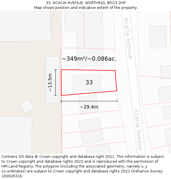 33, ACACIA AVENUE, WORTHING, BN13 2HP: Plot and title map