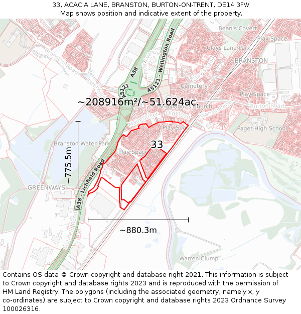 33, ACACIA LANE, BRANSTON, BURTON-ON-TRENT, DE14 3FW: Plot and title map