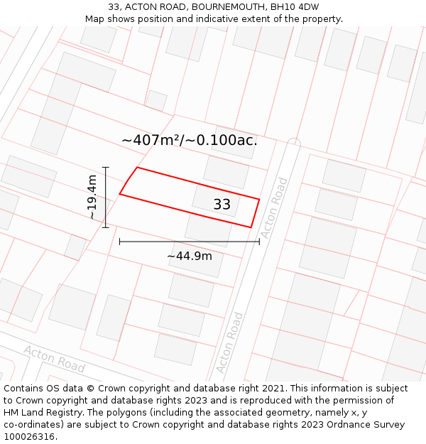 33, ACTON ROAD, BOURNEMOUTH, BH10 4DW: Plot and title map