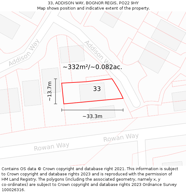 33, ADDISON WAY, BOGNOR REGIS, PO22 9HY: Plot and title map