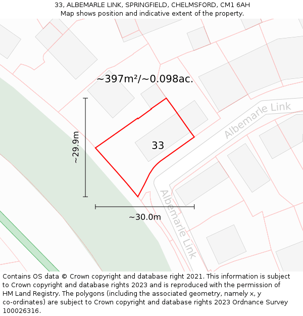 33, ALBEMARLE LINK, SPRINGFIELD, CHELMSFORD, CM1 6AH: Plot and title map