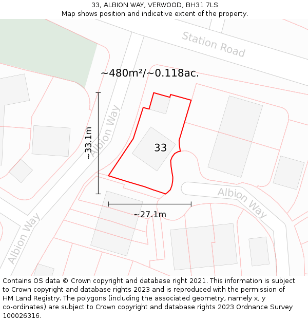 33, ALBION WAY, VERWOOD, BH31 7LS: Plot and title map