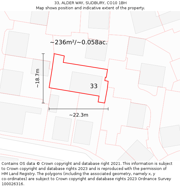 33, ALDER WAY, SUDBURY, CO10 1BH: Plot and title map