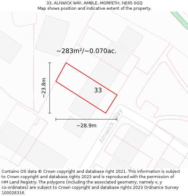 33, ALNWICK WAY, AMBLE, MORPETH, NE65 0GQ: Plot and title map