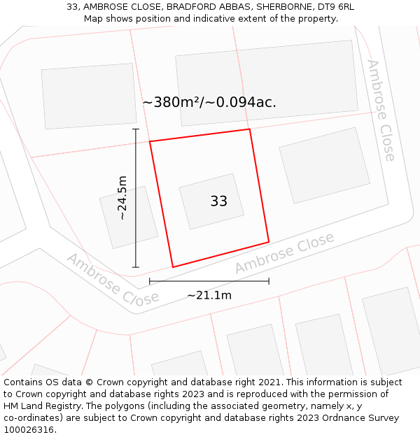 33, AMBROSE CLOSE, BRADFORD ABBAS, SHERBORNE, DT9 6RL: Plot and title map