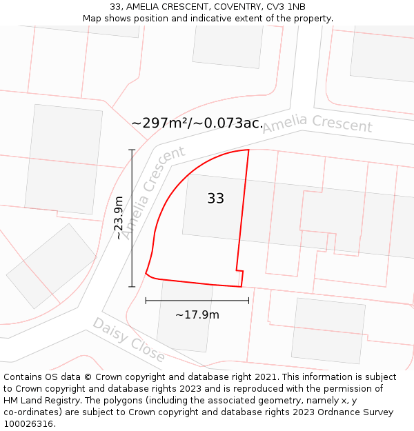 33, AMELIA CRESCENT, COVENTRY, CV3 1NB: Plot and title map