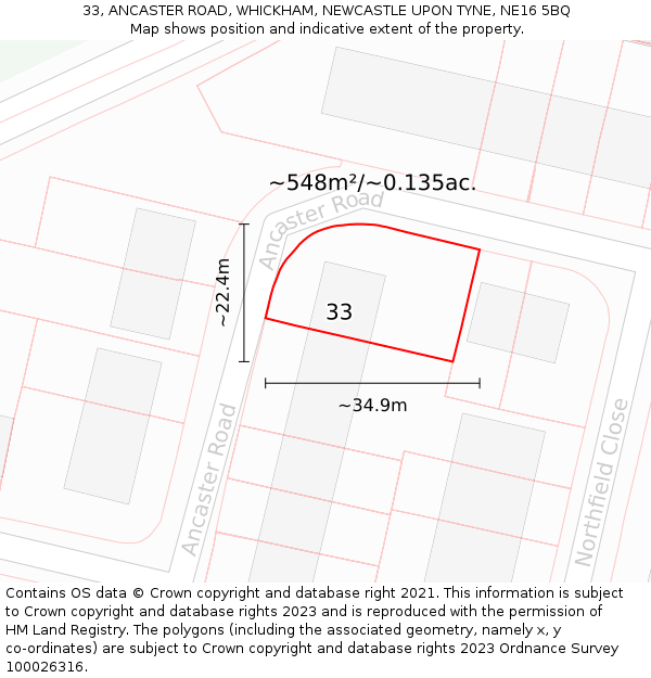 33, ANCASTER ROAD, WHICKHAM, NEWCASTLE UPON TYNE, NE16 5BQ: Plot and title map