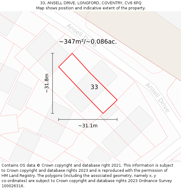 33, ANSELL DRIVE, LONGFORD, COVENTRY, CV6 6PQ: Plot and title map