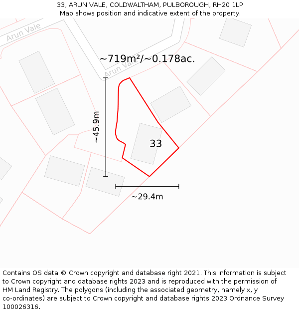 33, ARUN VALE, COLDWALTHAM, PULBOROUGH, RH20 1LP: Plot and title map