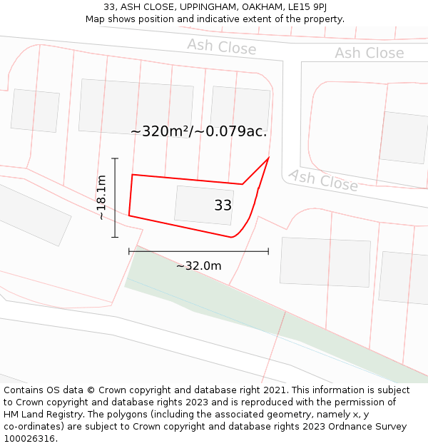 33, ASH CLOSE, UPPINGHAM, OAKHAM, LE15 9PJ: Plot and title map