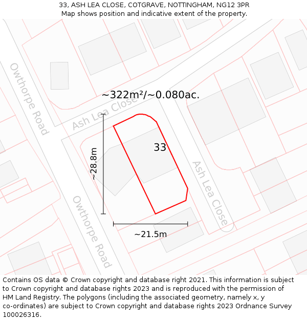 33, ASH LEA CLOSE, COTGRAVE, NOTTINGHAM, NG12 3PR: Plot and title map