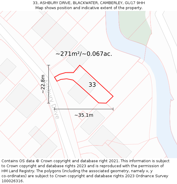 33, ASHBURY DRIVE, BLACKWATER, CAMBERLEY, GU17 9HH: Plot and title map