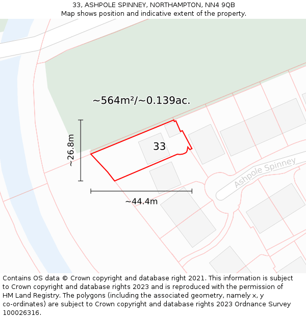 33, ASHPOLE SPINNEY, NORTHAMPTON, NN4 9QB: Plot and title map