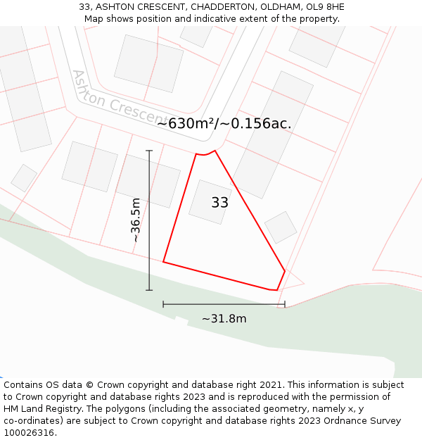 33, ASHTON CRESCENT, CHADDERTON, OLDHAM, OL9 8HE: Plot and title map