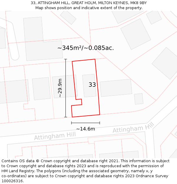 33, ATTINGHAM HILL, GREAT HOLM, MILTON KEYNES, MK8 9BY: Plot and title map