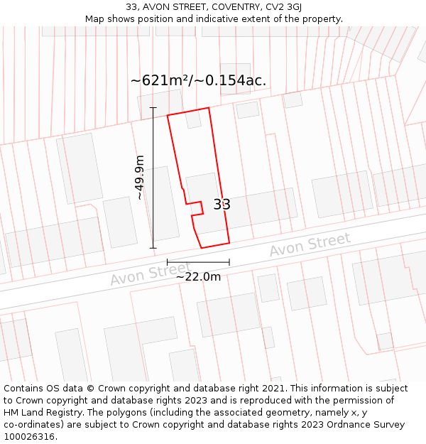 33, AVON STREET, COVENTRY, CV2 3GJ: Plot and title map