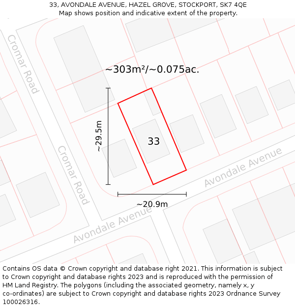 33, AVONDALE AVENUE, HAZEL GROVE, STOCKPORT, SK7 4QE: Plot and title map