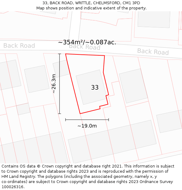 33, BACK ROAD, WRITTLE, CHELMSFORD, CM1 3PD: Plot and title map