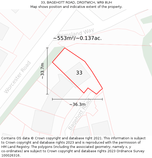 33, BAGEHOTT ROAD, DROITWICH, WR9 8UH: Plot and title map