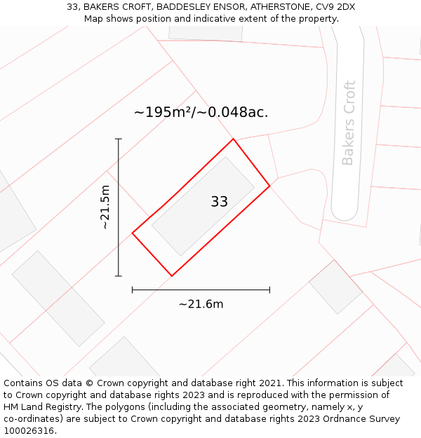 33, BAKERS CROFT, BADDESLEY ENSOR, ATHERSTONE, CV9 2DX: Plot and title map