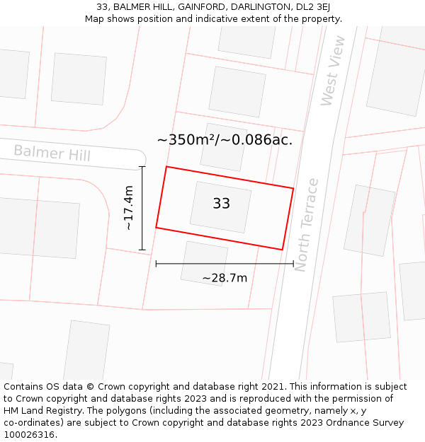 33, BALMER HILL, GAINFORD, DARLINGTON, DL2 3EJ: Plot and title map
