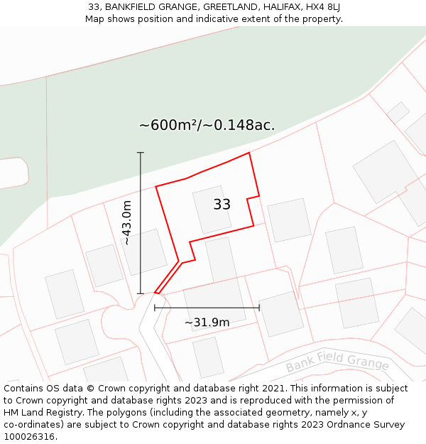 33, BANKFIELD GRANGE, GREETLAND, HALIFAX, HX4 8LJ: Plot and title map