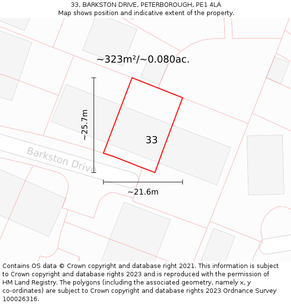 33, BARKSTON DRIVE, PETERBOROUGH, PE1 4LA: Plot and title map