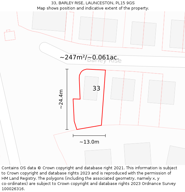 33, BARLEY RISE, LAUNCESTON, PL15 9GS: Plot and title map