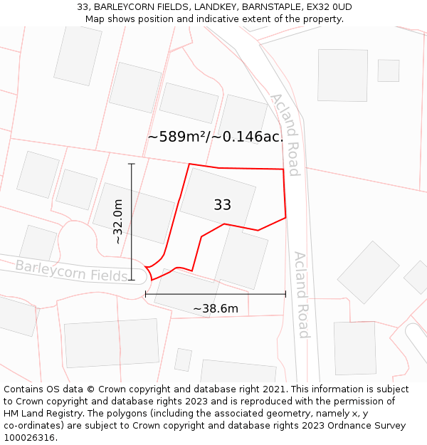 33, BARLEYCORN FIELDS, LANDKEY, BARNSTAPLE, EX32 0UD: Plot and title map