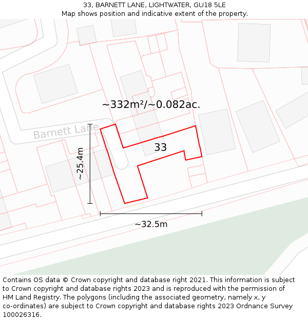 33, BARNETT LANE, LIGHTWATER, GU18 5LE: Plot and title map