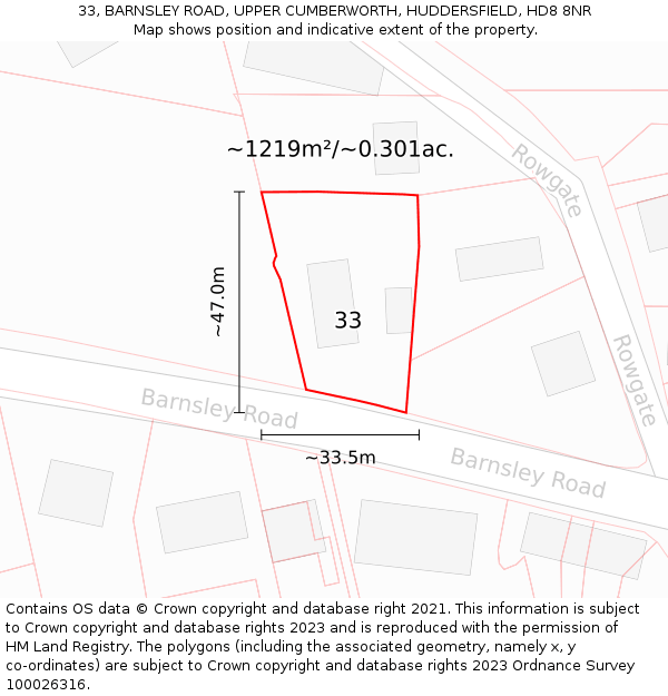 33, BARNSLEY ROAD, UPPER CUMBERWORTH, HUDDERSFIELD, HD8 8NR: Plot and title map