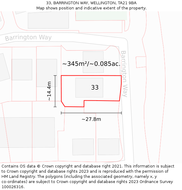 33, BARRINGTON WAY, WELLINGTON, TA21 9BA: Plot and title map