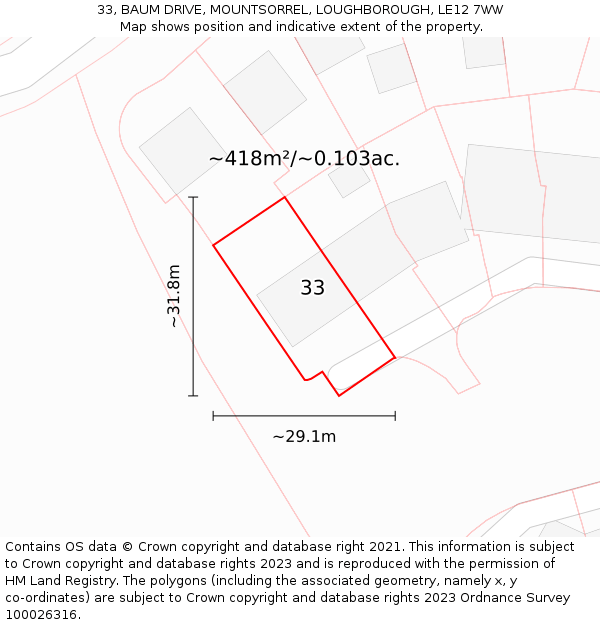 33, BAUM DRIVE, MOUNTSORREL, LOUGHBOROUGH, LE12 7WW: Plot and title map