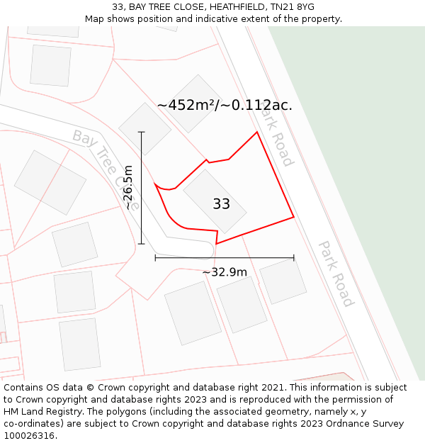 33, BAY TREE CLOSE, HEATHFIELD, TN21 8YG: Plot and title map