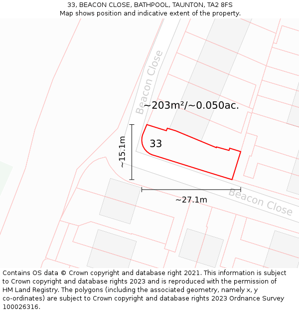 33, BEACON CLOSE, BATHPOOL, TAUNTON, TA2 8FS: Plot and title map