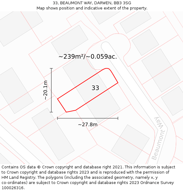 33, BEAUMONT WAY, DARWEN, BB3 3SG: Plot and title map