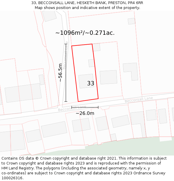 33, BECCONSALL LANE, HESKETH BANK, PRESTON, PR4 6RR: Plot and title map