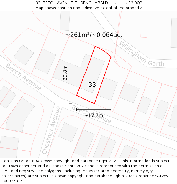 33, BEECH AVENUE, THORNGUMBALD, HULL, HU12 9QP: Plot and title map