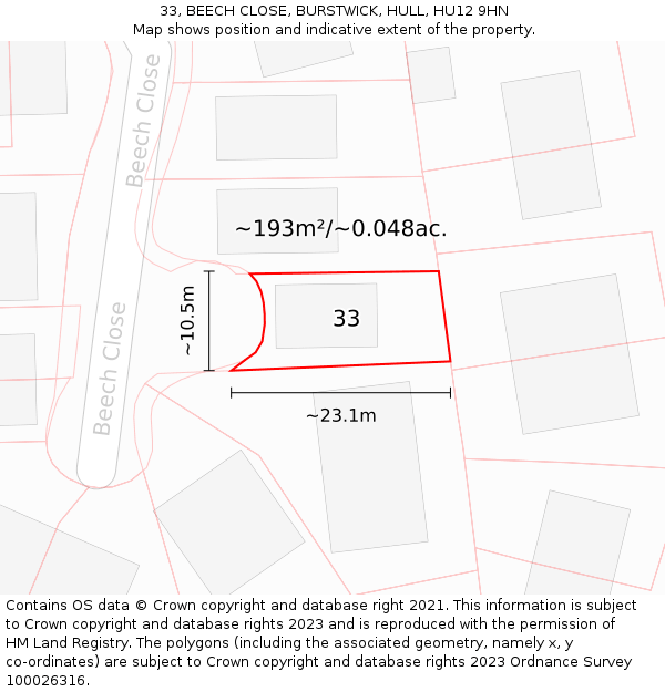 33, BEECH CLOSE, BURSTWICK, HULL, HU12 9HN: Plot and title map