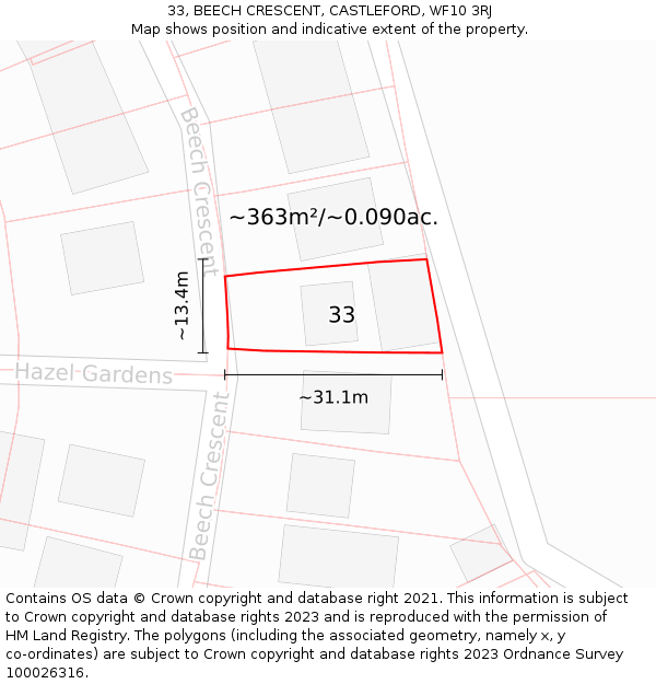 33, BEECH CRESCENT, CASTLEFORD, WF10 3RJ: Plot and title map