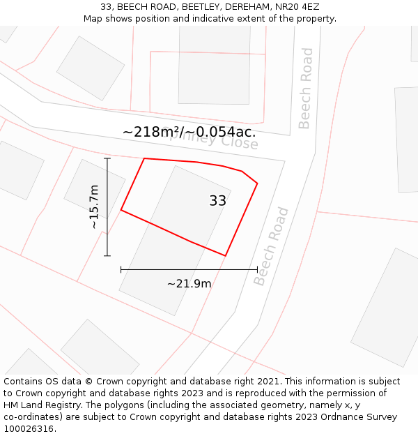 33, BEECH ROAD, BEETLEY, DEREHAM, NR20 4EZ: Plot and title map