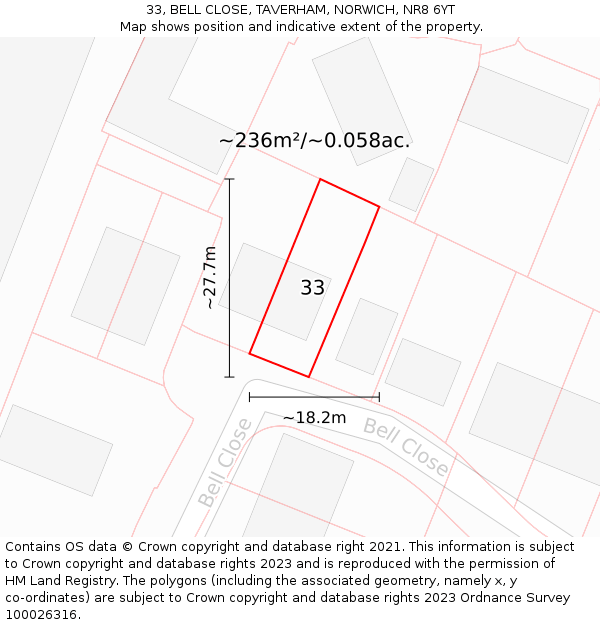 33, BELL CLOSE, TAVERHAM, NORWICH, NR8 6YT: Plot and title map